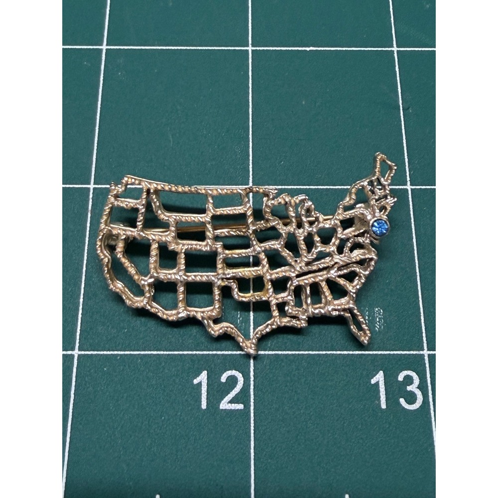 Vintage Goldish Tone USA Map Brooch Blue Rhinestone Patriotic‎ United States Pin
